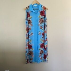 PETER NYGARD Floral Button-Up Tunic Dress Bright Blue Size 14 Beach Summer #086
